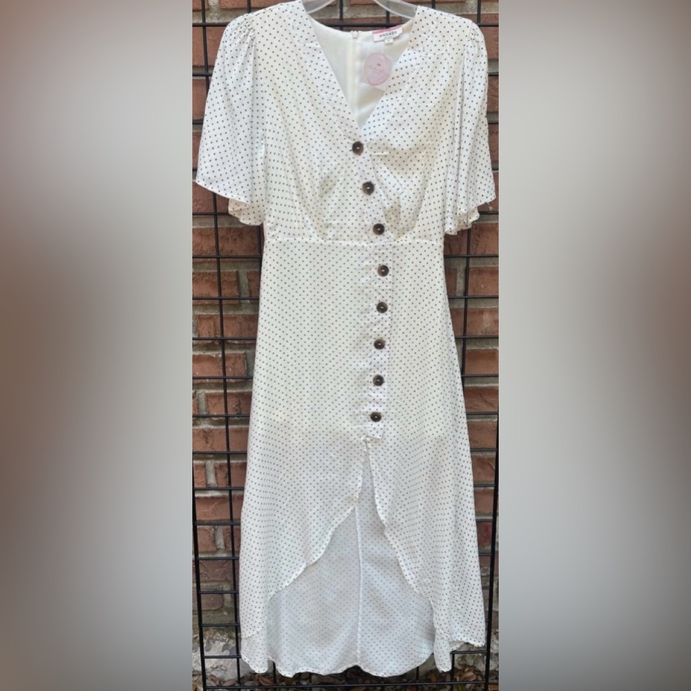 Andree White Maxi Dress with Black Polka Dots-NWT